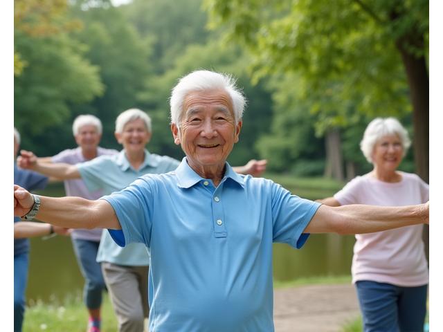 高齢者が日本の伝統的な公園で健康体操をしている様子