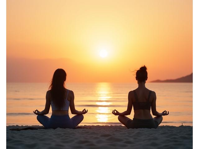 湘南の波打ち際で日の出を背景にヨガをする人々のシルエット