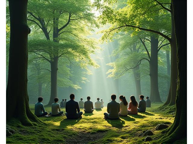 奥多摩の深い森の中、木漏れ日を浴びながら瞑想する参加者たち
