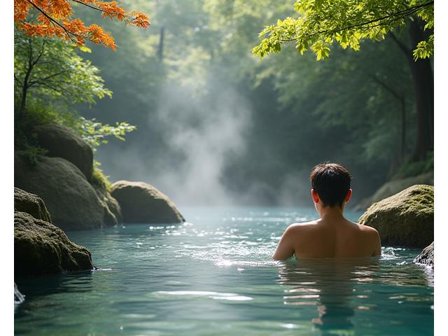 歴史ある秘湯の露天風呂で湯気が立ち込める中、静かに浸かる人