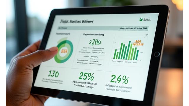 タブレットに表示されたROI測定可能な健康経営データと分析グラフ