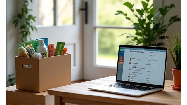 玄関に届けられたエコ商品の箱と、定期配送設定画面を示すノートパソコン