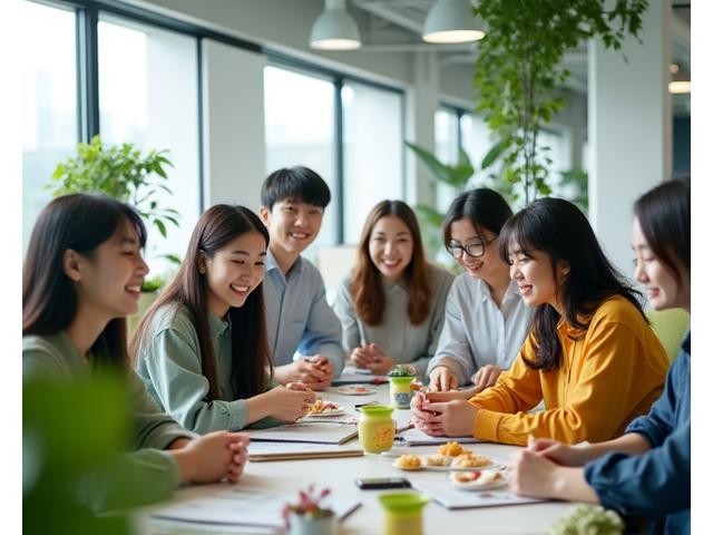スタートアップ企業のチームが笑顔で話す風景