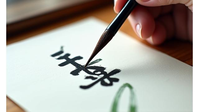 墨で筆を走らせる書道家