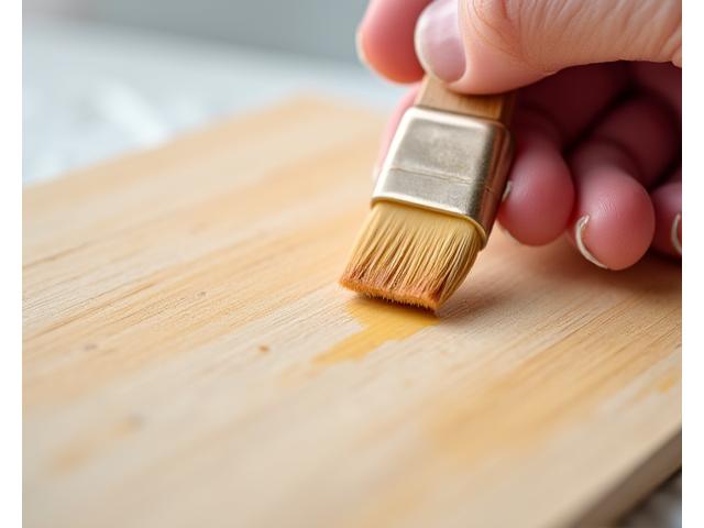 亜麻仁油を主成分とした自然塗料を刷毛で木材に塗布している様子。塗料は透明で、木材の自然な色合いを引き立てる。