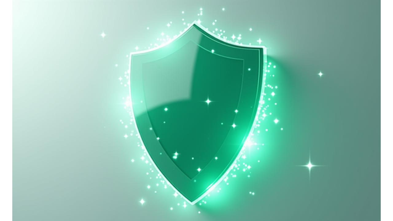 Umi Rhythmsのプライバシーポリシーを象徴する、データ保護と信頼を表す落ち着いた緑色の光沢のある抽象的なセキュリティシールドの画像。周りには光の粒子が舞い、未来的な安心感を演出している。