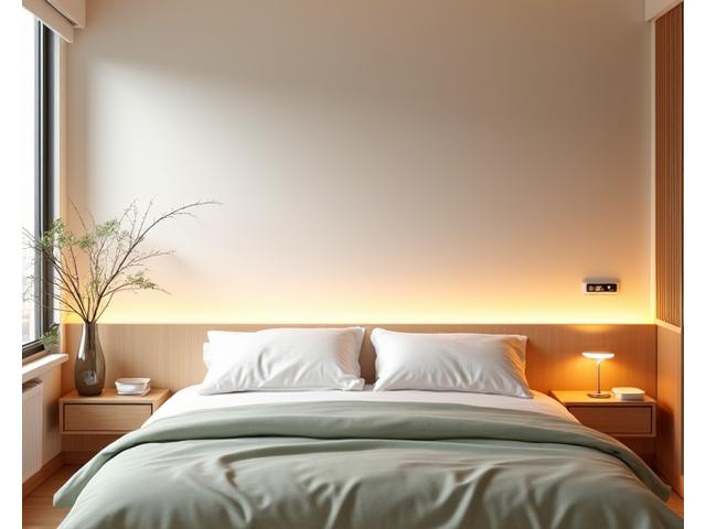 スマートホームデバイスが統合されたモダンでミニマリストな寝室。照明、温度、空気清浄機が自動で制御されているイメージ。