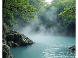 蒸気が立ち込める露天風呂の湯船。湯気越しに見える静かな自然風景。